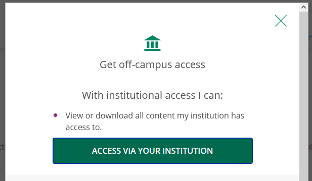 Get off-campus access pop-up with Access via your institution button shown.